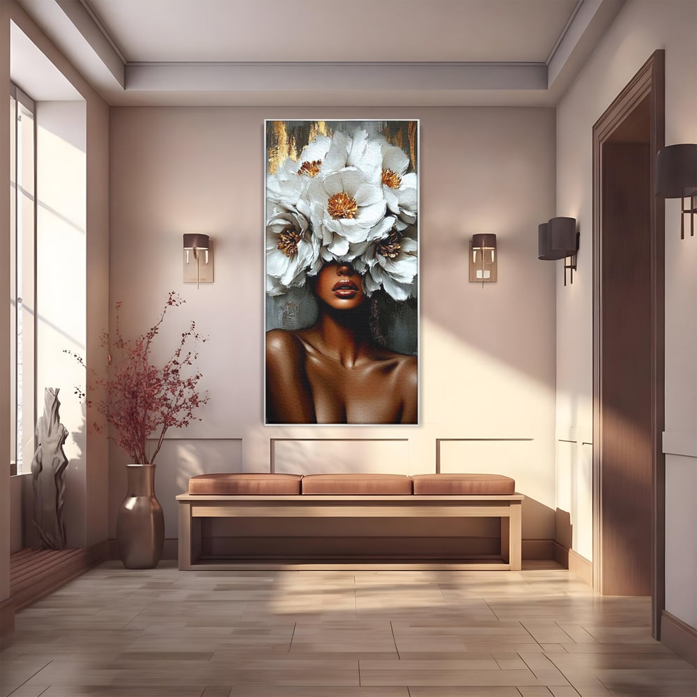 Tablou canvas cu tablou canvas portret femeie cu flori, in rama de aluminiu argintiu